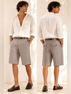 Martin Gordon Tailored Gingham Linen Bermuda Shorts Quiet Luxury NWT Size 33